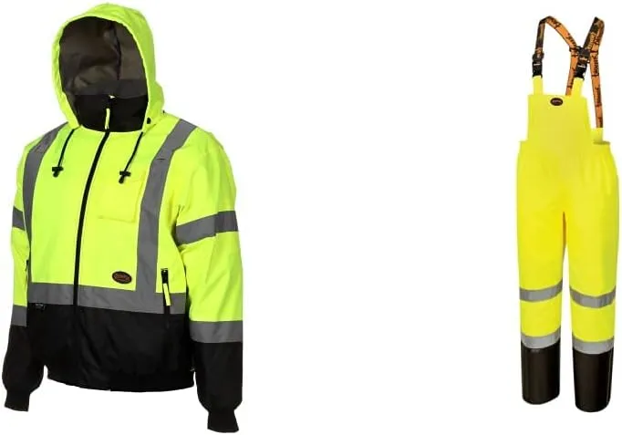 PioneerPioneer Hi-Vis Waterproof 2-in-1 Safety Bomber Jacket & Ripstop High Visibility Bib Pan Safety Rain Gear, Hi Vis, Waterproof, Reflective, Work Overalls for Men, Orange, Yellow/Green