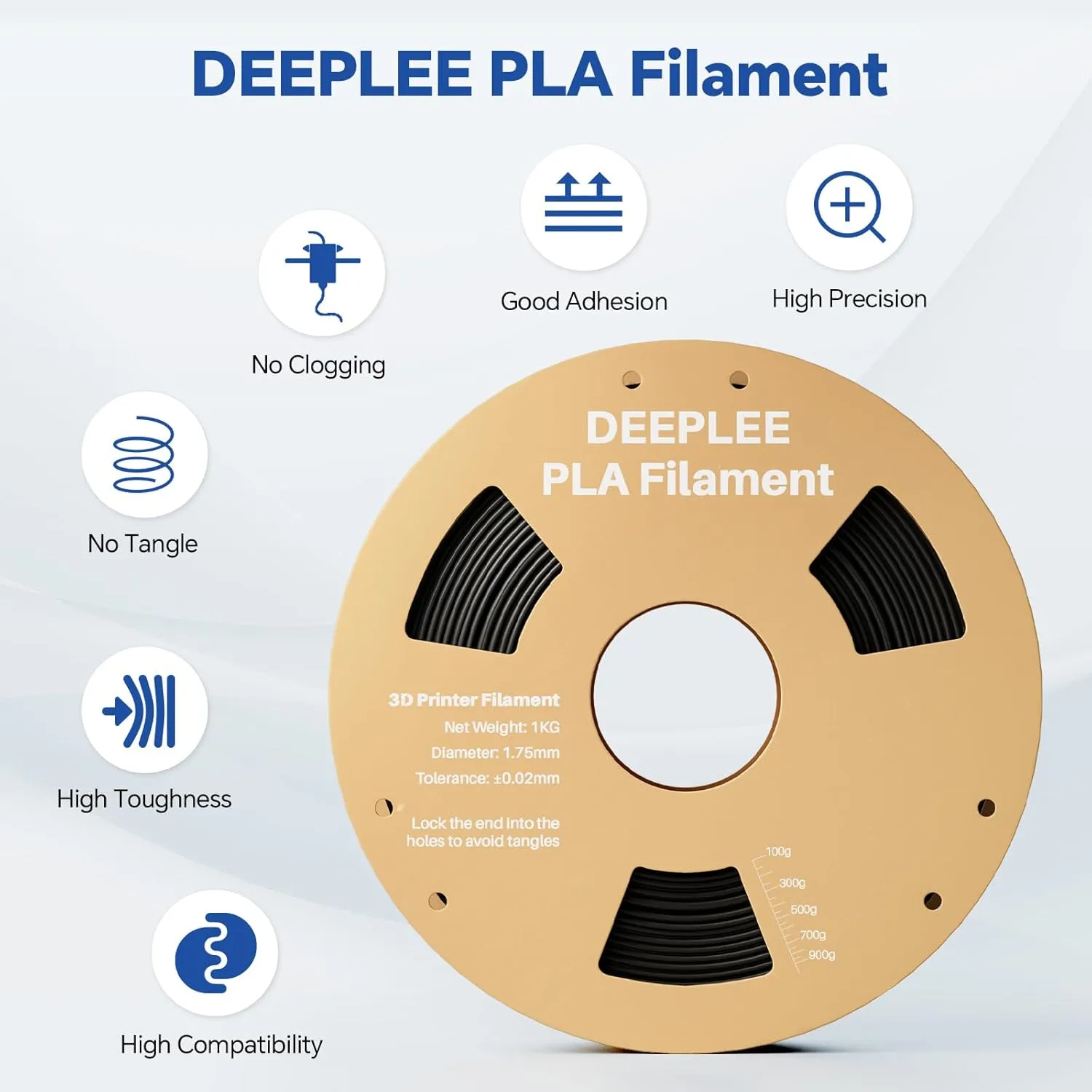 PLA 1.75mm 3D Printer Filament, Dimensional Accuracy  /- 0.02mm, Neatly Wound, No Clogging, Vacuum Package, Fits for Most FDM 3D Printers, Cardboard Spool 2kg Black