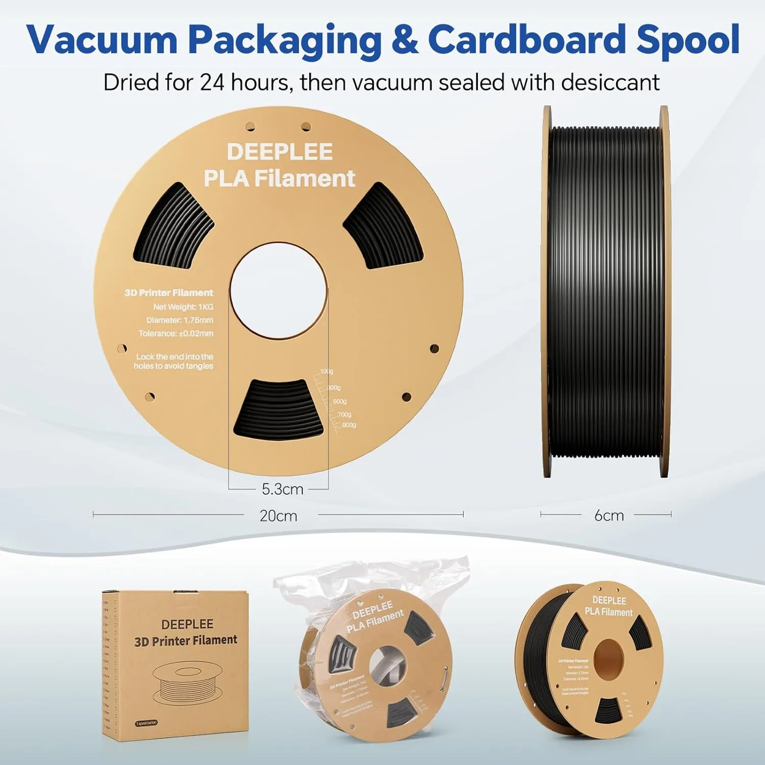 PLA 1.75mm 3D Printer Filament, Dimensional Accuracy  /- 0.02mm, Neatly Wound, No Clogging, Vacuum Package, Fits for Most FDM 3D Printers, Cardboard Spool 2kg Black