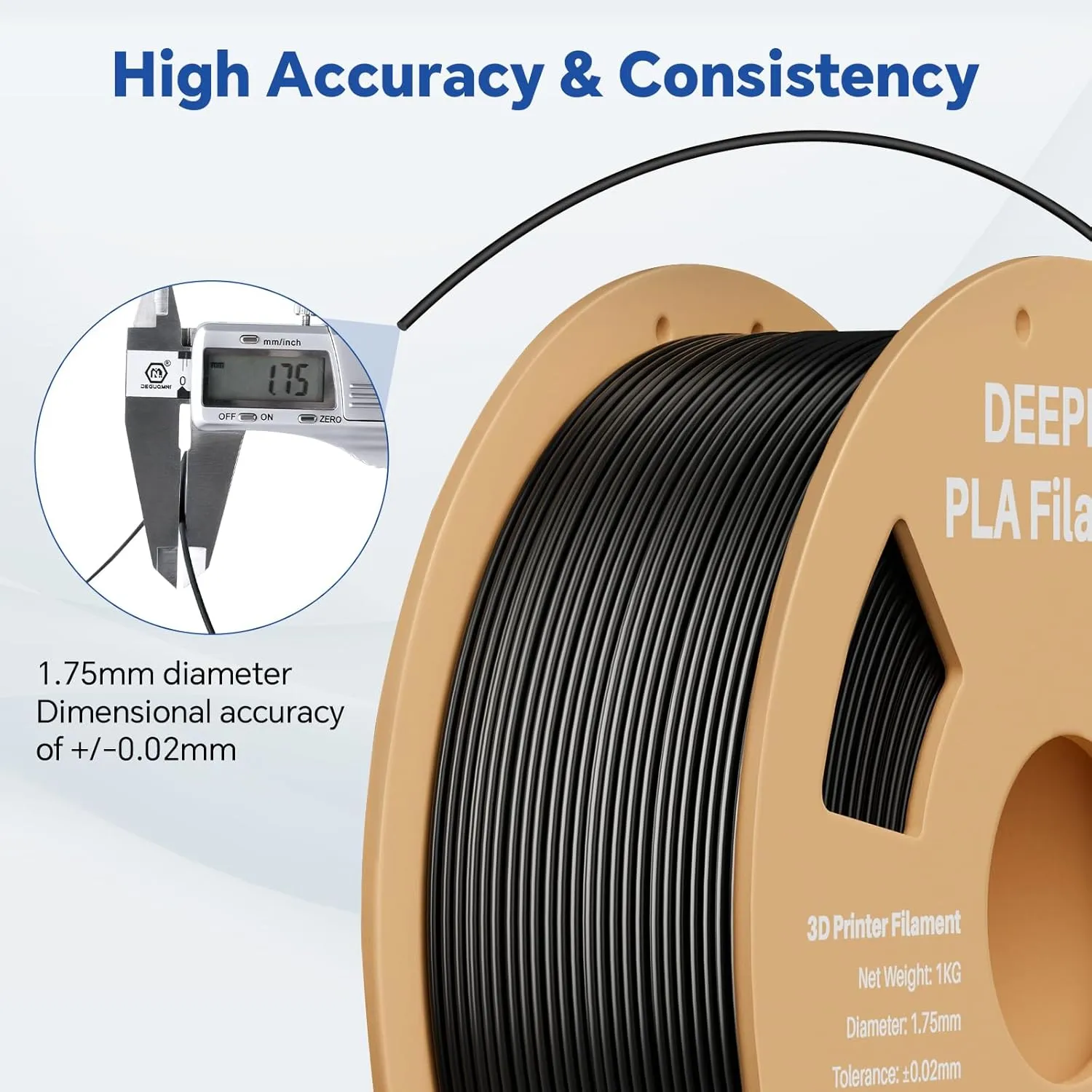 PLA 1.75mm 3D Printer Filament, Dimensional Accuracy  /- 0.02mm, Neatly Wound, No Clogging, Vacuum Package, Fits for Most FDM 3D Printers, Cardboard Spool 2kg Black