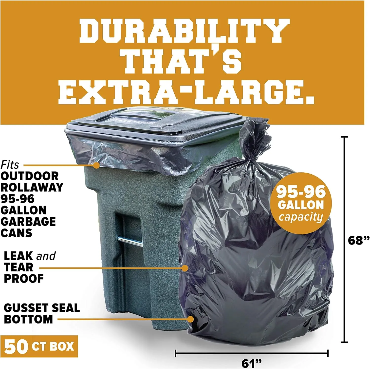 Plasticplace 95-96 Gallon Garbage Can Liners │ 1.5 Mil │ Black Heavy Duty Trash Bags │ 61” X 68” (50Count) (W95LDB15)