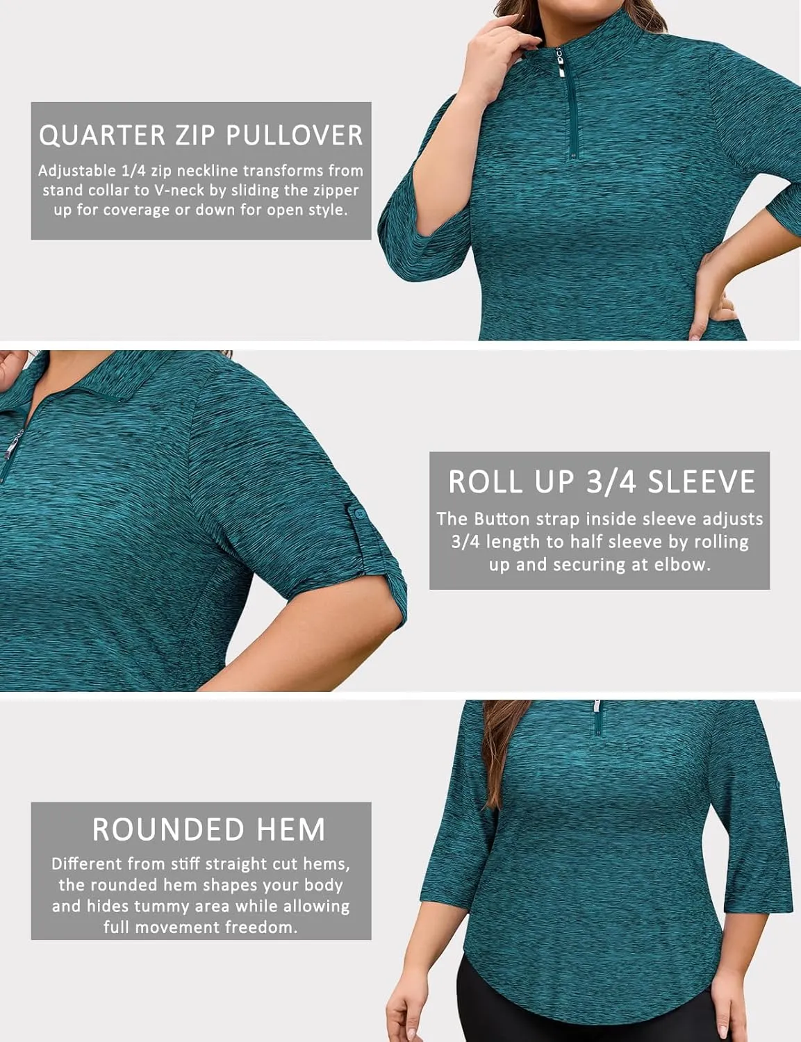 Plus Size Golf Polo Shirts for Women 3/4 Sleeve Quarter Zip Pullover Quick Dry Workout Tops XL-5XL