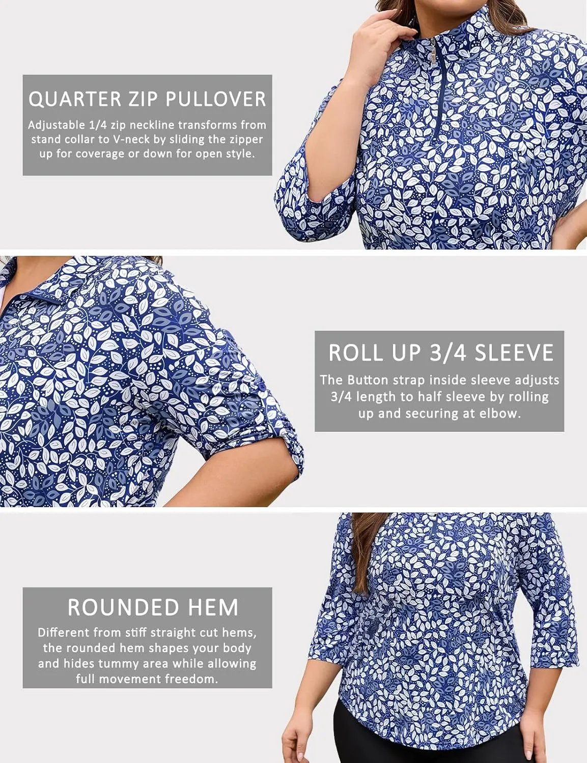 Plus Size Golf Polo Shirts for Women 3/4 Sleeve Quarter Zip Pullover Quick Dry Workout Tops XL-5XL