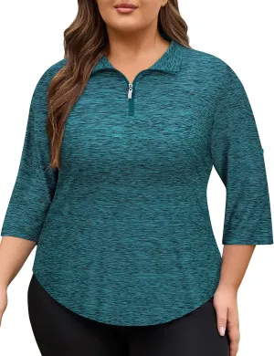 Plus Size Golf Polo Shirts for Women 3/4 Sleeve Quarter Zip Pullover Quick Dry Workout Tops XL-5XL