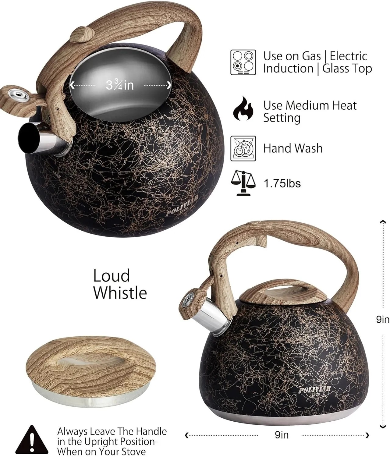 POLIVIAR Tea Kettle, Iron Grey Tea Pot Stovetop, 2.7 Quart Loud Whistling Coffee and Teapot, Food Grade Stainless Steel for Anti-Hot Handle and No-Rust, Suitable for All Heat Sources (JX2020-RB30)