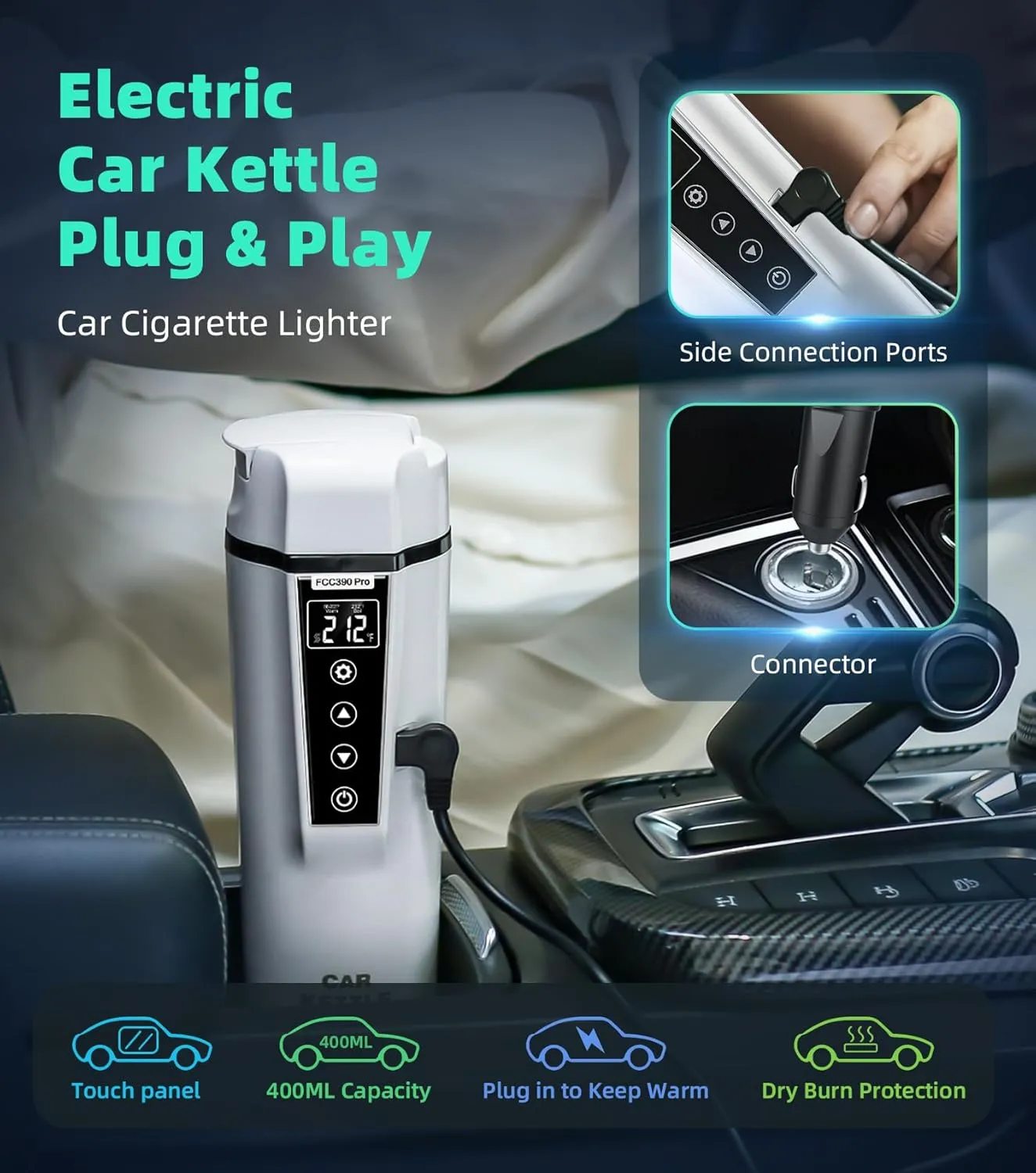 Portable Electric Car Kettle: 12V/24V Kettle Mini Water Boiler for Car Heated Travel Mug,Smart Precision Temperature Adjustment Coffee Tea Truck Cup with Handy Kettle Bag (White, 400ML)