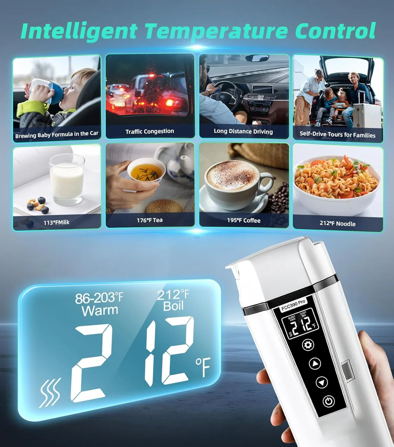 Portable Electric Car Kettle: 12V/24V Kettle Mini Water Boiler for Car Heated Travel Mug,Smart Precision Temperature Adjustment Coffee Tea Truck Cup with Handy Kettle Bag (White, 400ML)