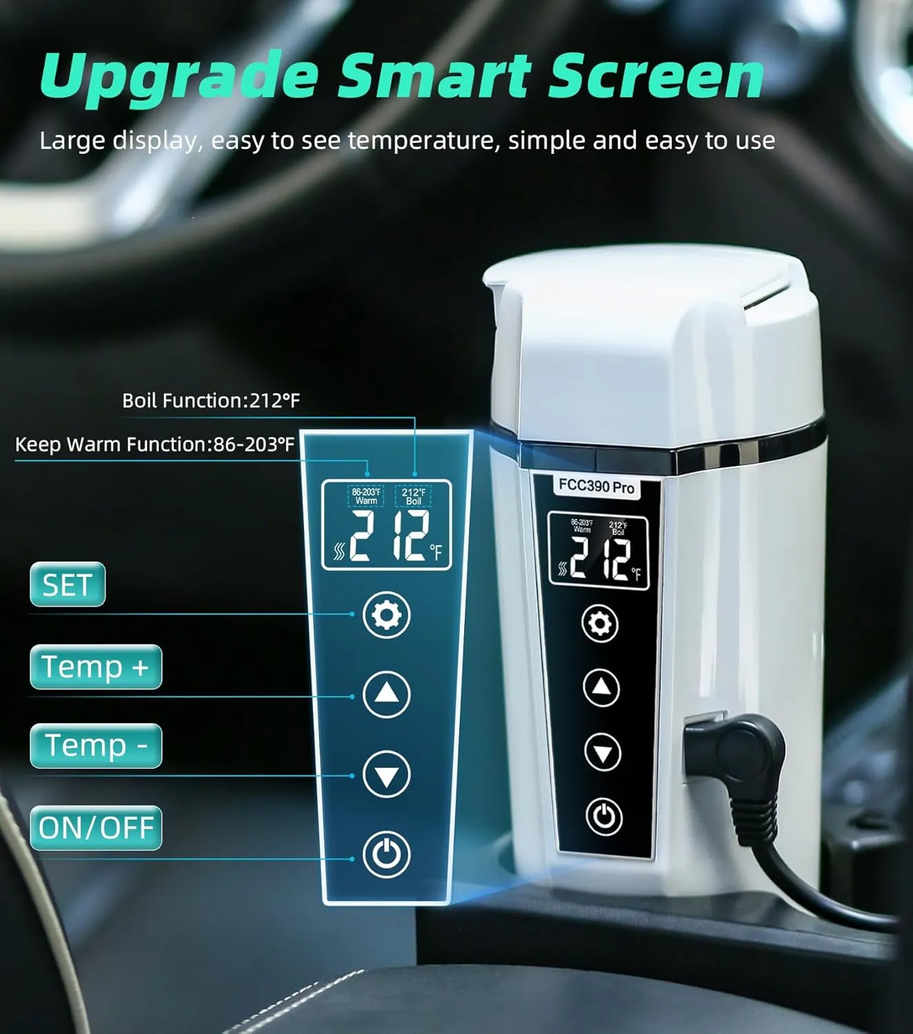 Portable Electric Car Kettle: 12V/24V Kettle Mini Water Boiler for Car Heated Travel Mug,Smart Precision Temperature Adjustment Coffee Tea Truck Cup with Handy Kettle Bag (White, 400ML)