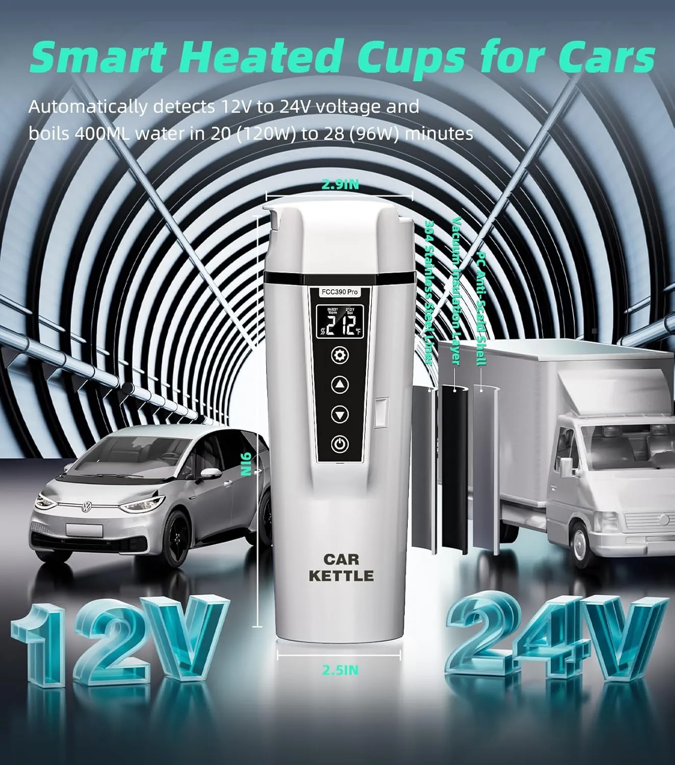 Portable Electric Car Kettle: 12V/24V Kettle Mini Water Boiler for Car Heated Travel Mug,Smart Precision Temperature Adjustment Coffee Tea Truck Cup with Handy Kettle Bag (White, 400ML)