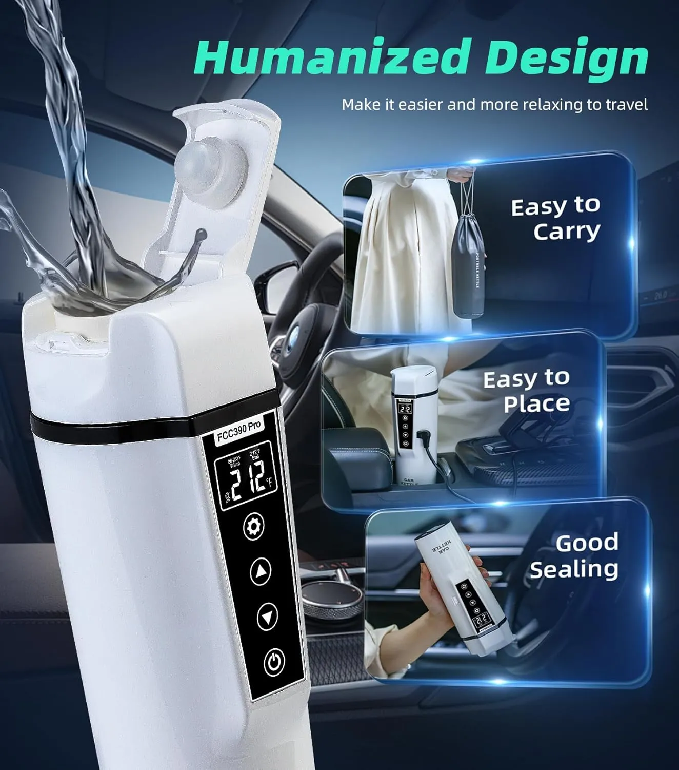 Portable Electric Car Kettle: 12V/24V Kettle Mini Water Boiler for Car Heated Travel Mug,Smart Precision Temperature Adjustment Coffee Tea Truck Cup with Handy Kettle Bag (White, 400ML)