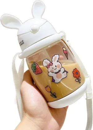 Portable Kettle Kettle with Straw with Sticker Cute Rabbit Water Bottle School Sports Easy Open Leakproof Silicone Water Cup Water Bottle (Color : White Stickers, Size : 550ml)