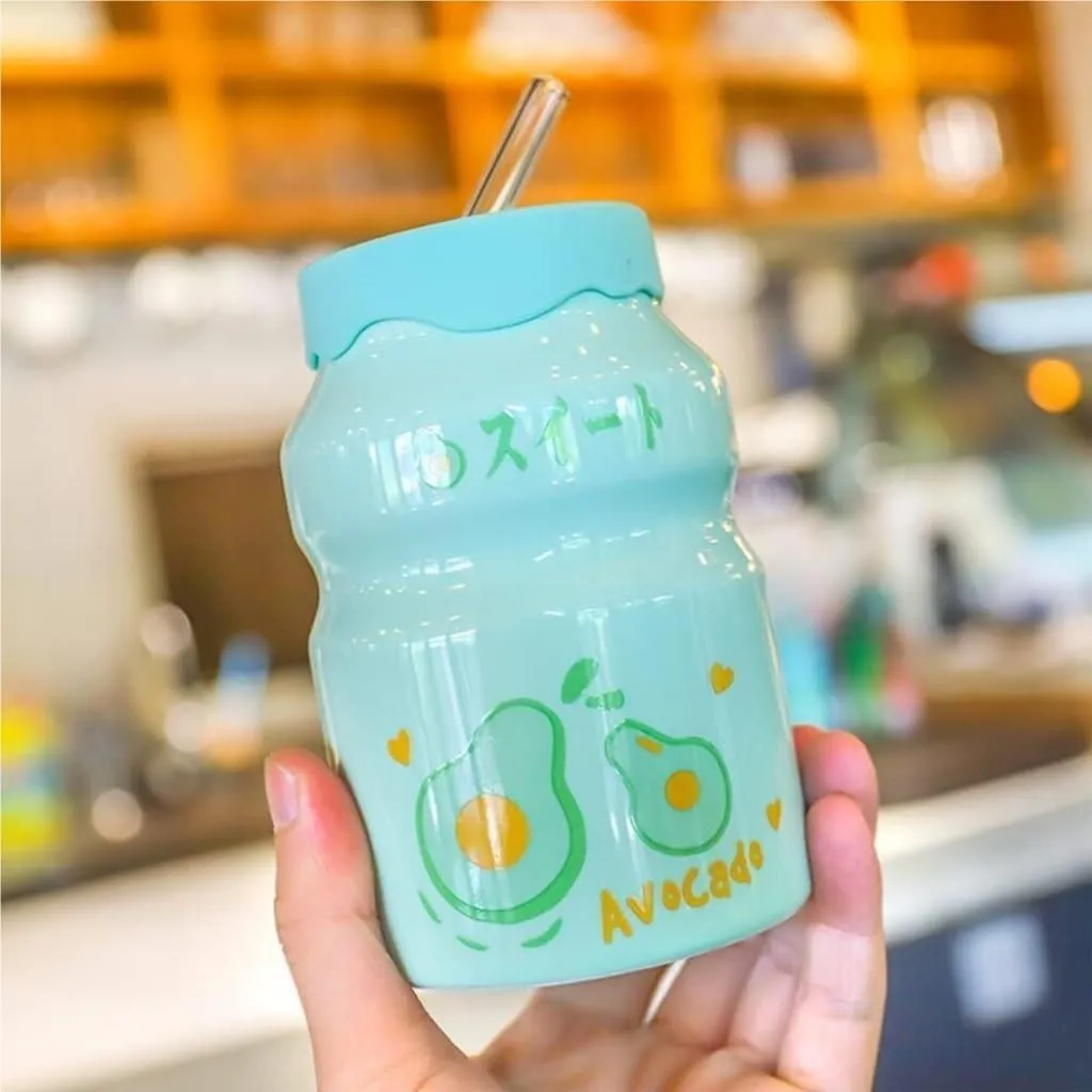 Portable Kettle Water Bottle Milk Juice Bottle with Straw Cute Cups with Lid and Straw Ceramic Mug with Silicone Lid Cute Water Bottle (Color : Green, Size : 500ml)