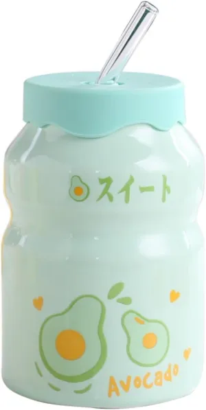 Portable Kettle Water Bottle Milk Juice Bottle with Straw Cute Cups with Lid and Straw Ceramic Mug with Silicone Lid Cute Water Bottle (Color : Green, Size : 500ml)