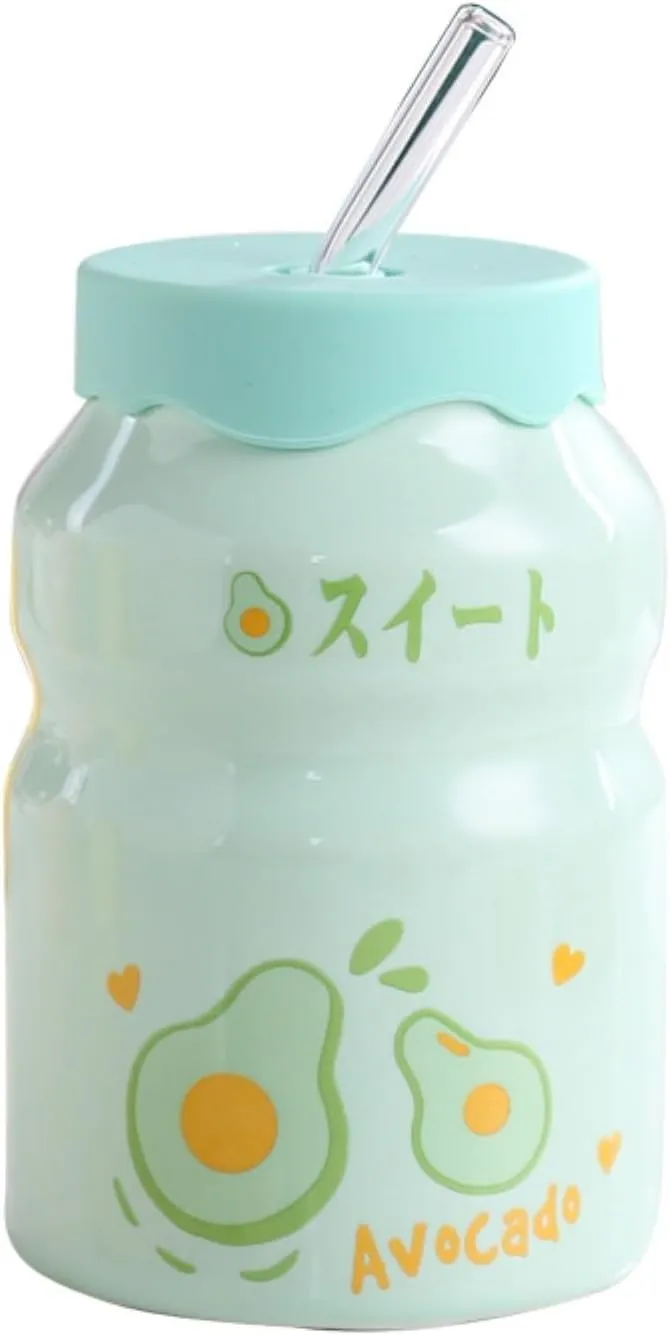 Portable Kettle Water Bottle Milk Juice Bottle with Straw Cute Cups with Lid and Straw Ceramic Mug with Silicone Lid Cute Water Bottle (Color : Green, Size : 500ml)