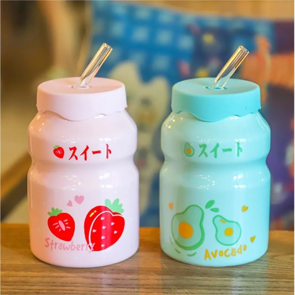 Portable Kettle Water Bottle Milk Juice Bottle with Straw Cute Cups with Lid and Straw Ceramic Mug with Silicone Lid Cute Water Bottle (Color : Green, Size : 500ml)