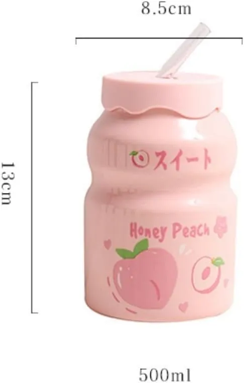 Portable Kettle Water Bottle Milk Juice Bottle with Straw Cute Cups with Lid and Straw Ceramic Mug with Silicone Lid Cute Water Bottle (Color : Pink-Peach, Size : 500ml)