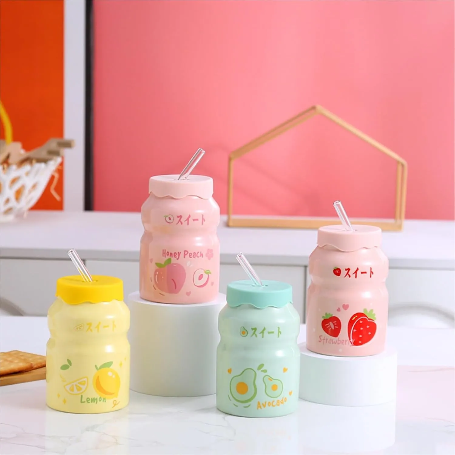 Portable Kettle Water Bottle Milk Juice Bottle with Straw Cute Cups with Lid and Straw Ceramic Mug with Silicone Lid Cute Water Bottle (Color : Pink-Peach, Size : 500ml)