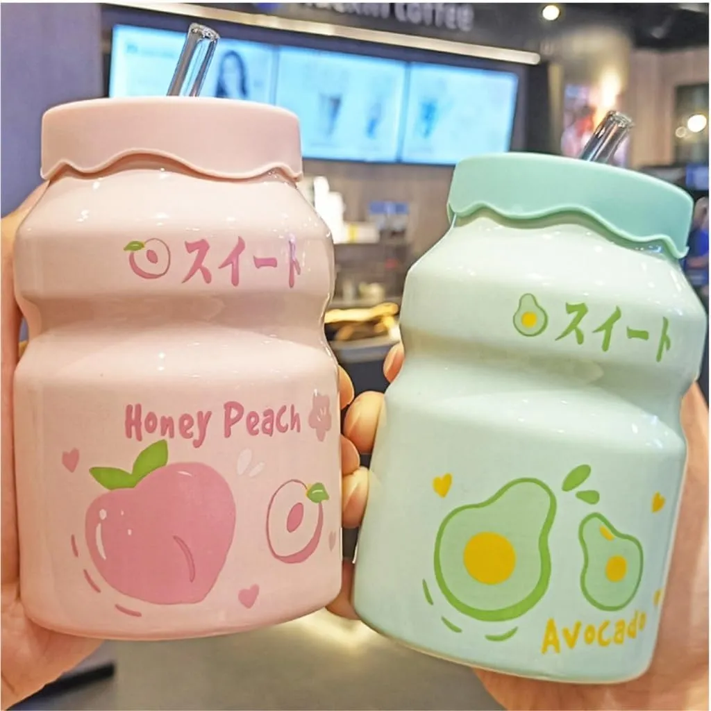 Portable Kettle Water Bottle Milk Juice Bottle with Straw Cute Cups with Lid and Straw Ceramic Mug with Silicone Lid Cute Water Bottle (Color : Pink-Peach, Size : 500ml)