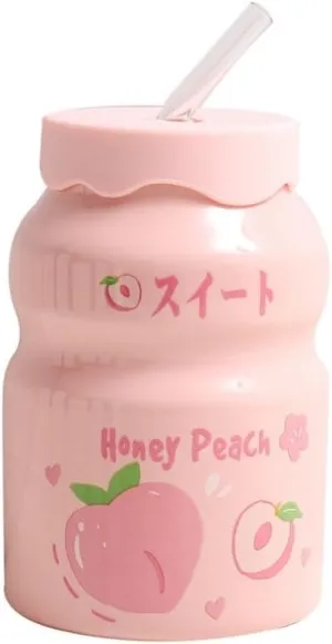 Portable Kettle Water Bottle Milk Juice Bottle with Straw Cute Cups with Lid and Straw Ceramic Mug with Silicone Lid Cute Water Bottle (Color : Pink-Peach, Size : 500ml)