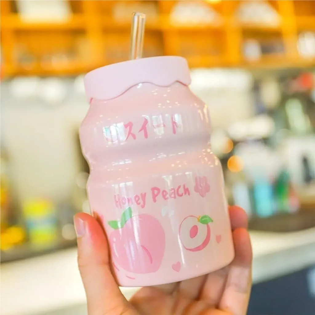 Portable Kettle Water Bottle Milk Juice Bottle with Straw Cute Cups with Lid and Straw Ceramic Mug with Silicone Lid Cute Water Bottle (Color : Pink-Peach, Size : 500ml)
