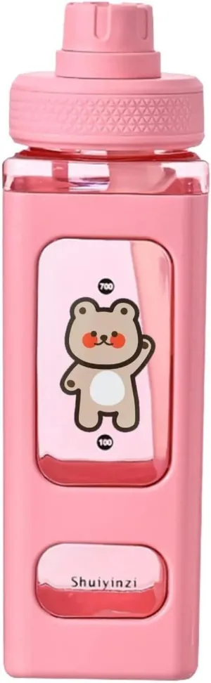 Portable Kettle with Stickers Kawaii Bear with Straw Kettle Outdoor Office School Cute Juice Teacup Portable Water Cup Water Bottle (Color : Pink, Size : 700ml)