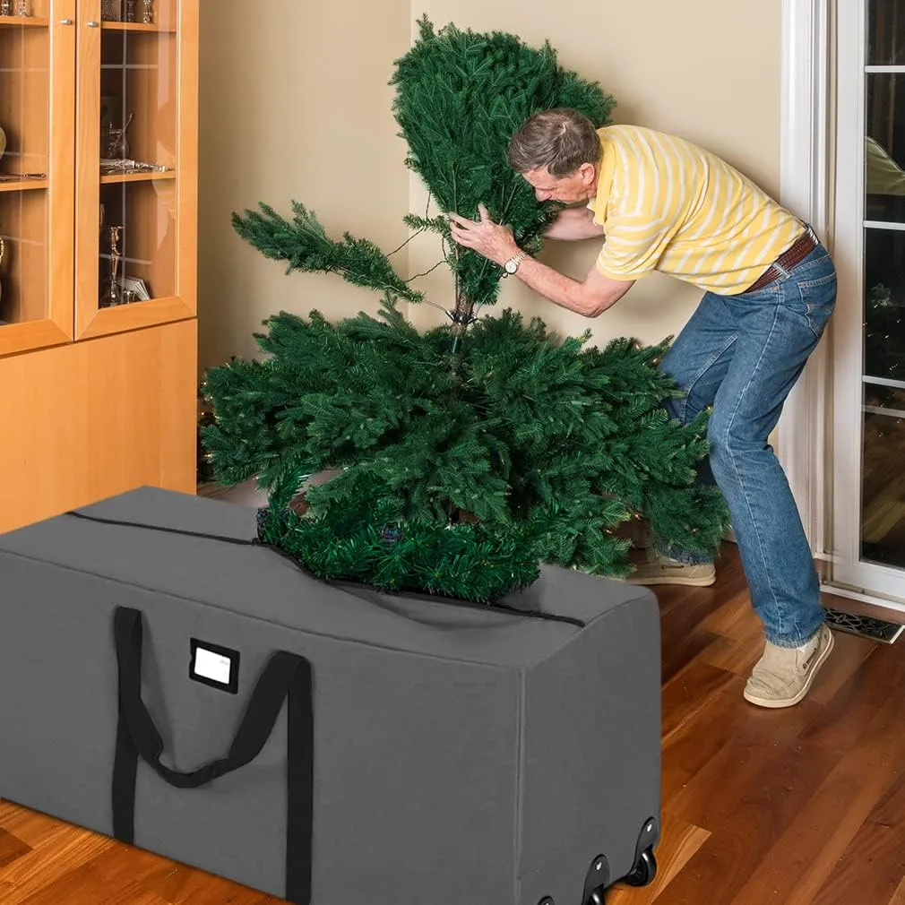 ProPik Christmas Rolling Tree Storage Bag, Fits Up to 9 ft. Tall Disassembled Holiday Tree, 28" X 16" X 60", Extra Large Heavy Duty Storage Container with Wheels, Front and Side Handles (Gray)