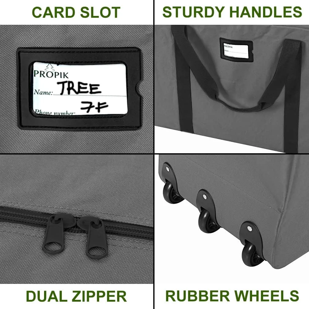 ProPik Christmas Rolling Tree Storage Bag, Fits Up to 9 ft. Tall Disassembled Holiday Tree, 28" X 16" X 60", Extra Large Heavy Duty Storage Container with Wheels, Front and Side Handles (Gray)