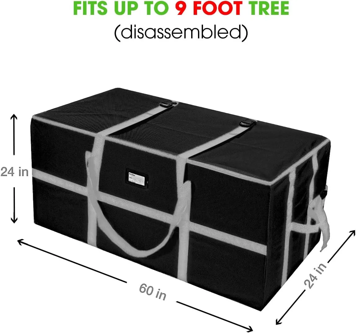 ProPik Christmas Tree Storage Bag, Fits Up to 9 Ft Tall Disassembled Xmas Trees, Heavy Duty Holiday Storage Container, 24" Height X 24" Wide X 60" Long with Top and Side Handles and Straps (Black)