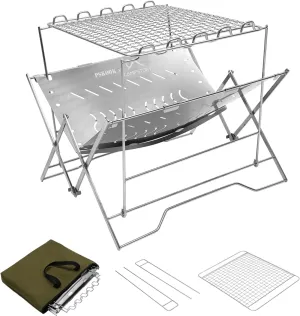 PSKOOK Camping Grills, Stainless Steel Portable Foldable Campfire Charcoal BBQ Grill, Lightweight Fire Pit for Travel, Outdoor Cooking, Bushcraft, Picnics, Garden, Balcony and Beach,Easy to Assemble