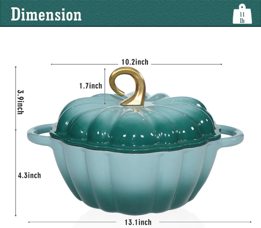 Pumpkin Dutch Oven 4.5 QT With Lid - Cyan Enamel Cast Iron Cooking Pot, Shape Soup Pot - Serves 3-5, Christmas Thanksgiving Decor Gift