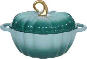 Pumpkin Dutch Oven 4.5 QT With Lid - Cyan Enamel Cast Iron Cooking Pot, Shape Soup Pot - Serves 3-5, Christmas Thanksgiving Decor Gift