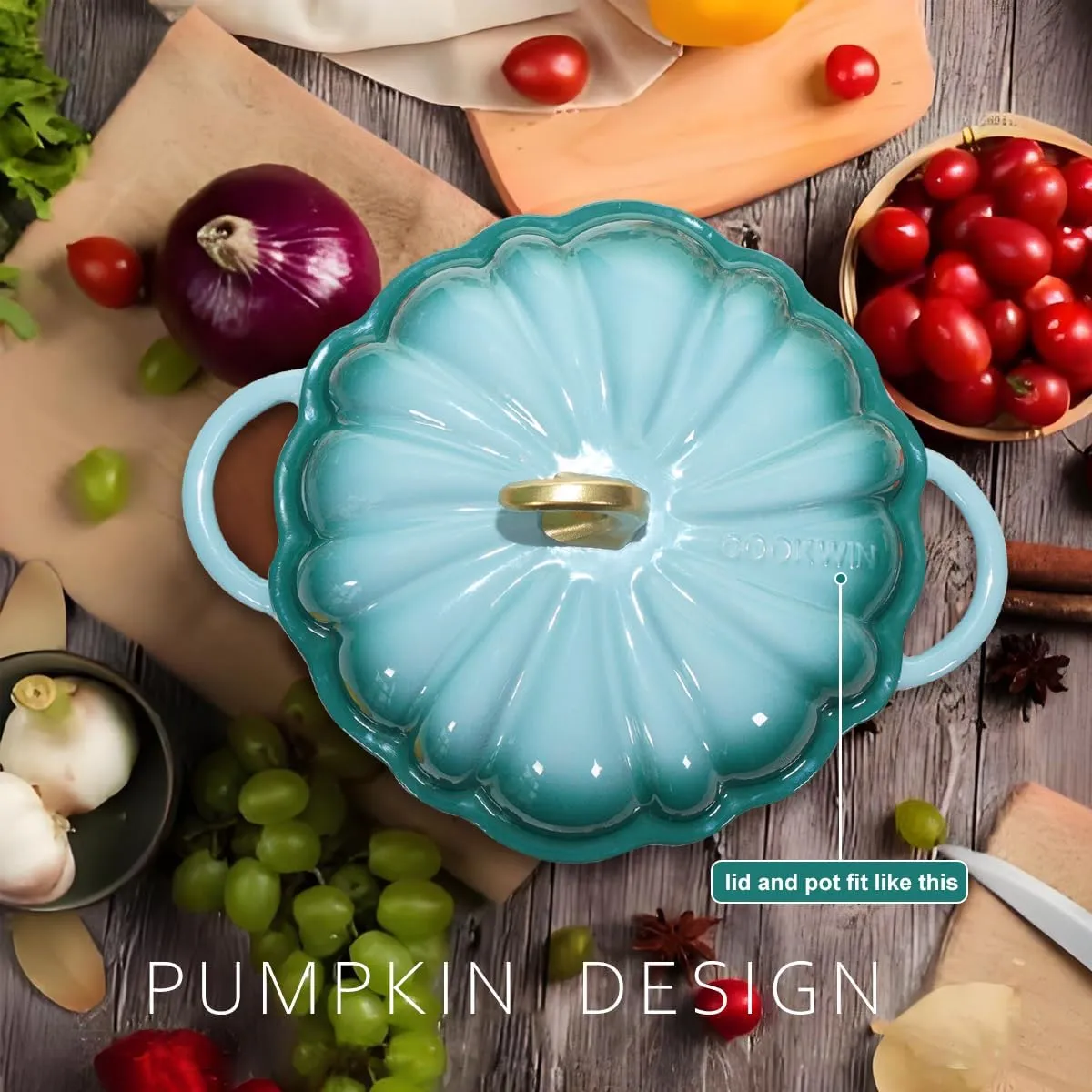 Pumpkin Dutch Oven 4.5 QT With Lid - Cyan Enamel Cast Iron Cooking Pot, Shape Soup Pot - Serves 3-5, Christmas Thanksgiving Decor Gift