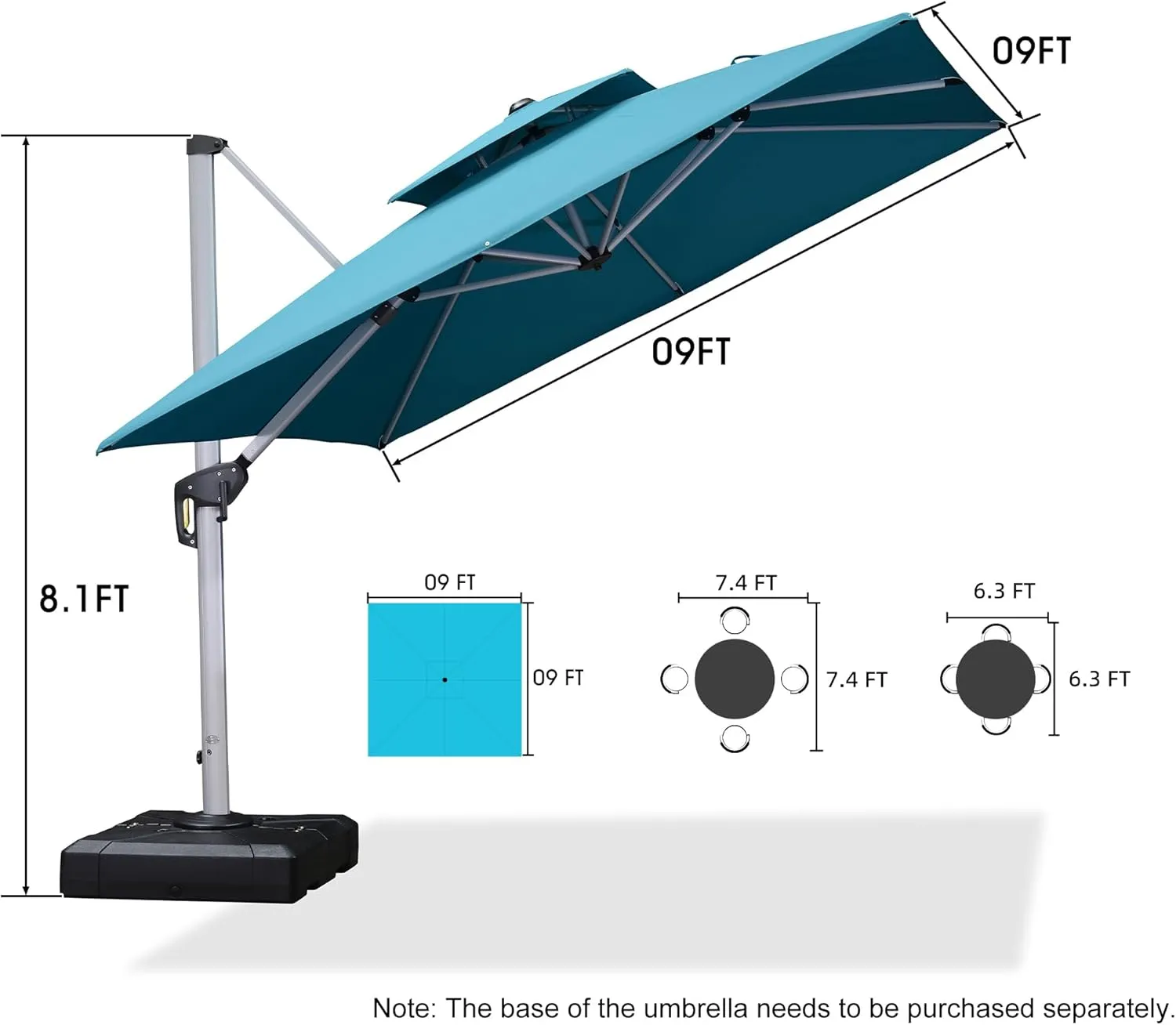 PURPLE LEAF Patio Umbrella 9ft Outdoor Square Umbrella Large Cantilever Umbrella Windproof Offset Heavy Duty Sun for Garden Deck Pool Patio, Turquoise Blue