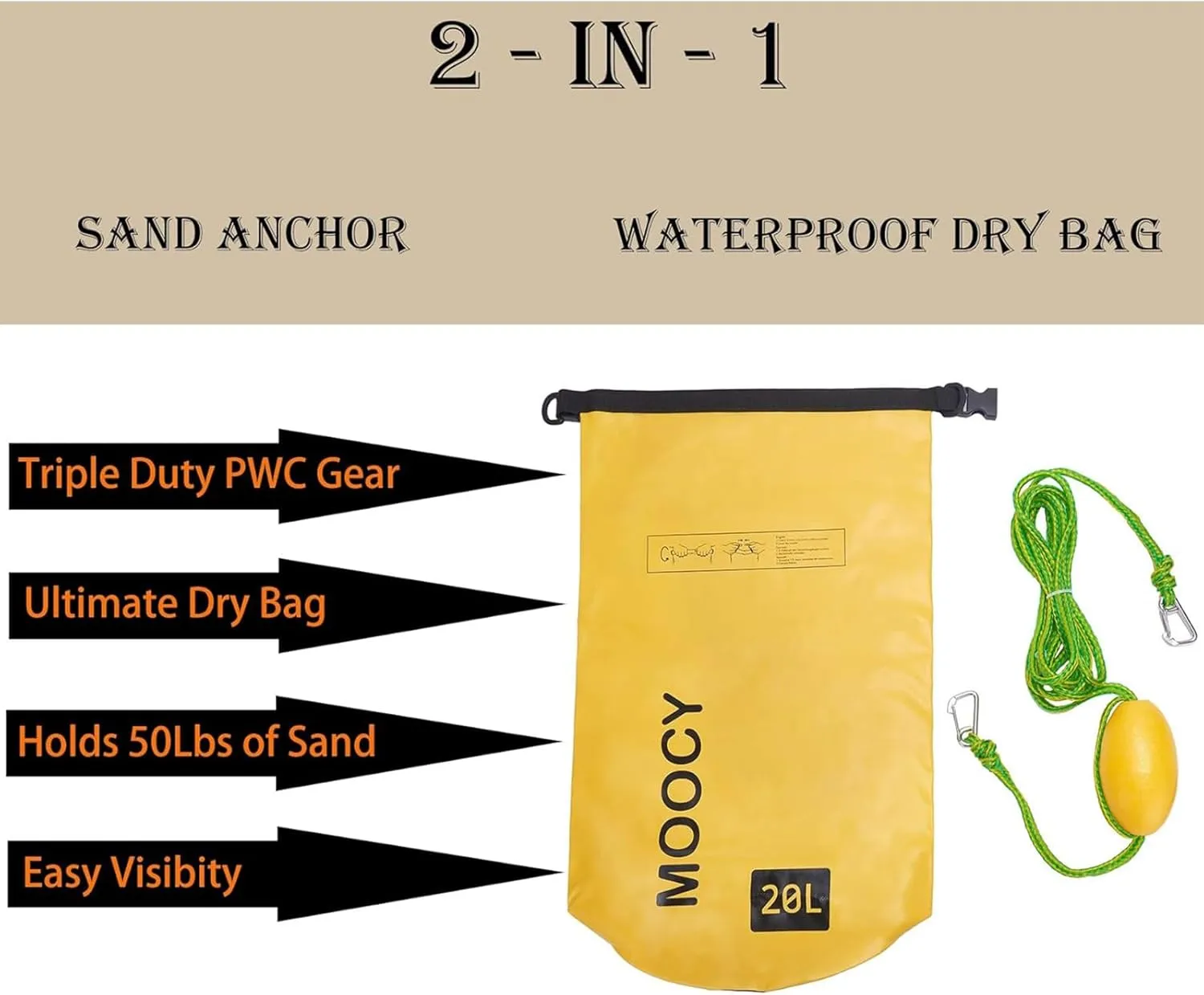 PWC Sand Bag Anchor & Dry Bag - 2 in 1 Jet Ski Kit With Adjustable Buoy for Float, Pool, Jetski, Kayak, Seadoo, Paddle Board, Waverunner, Watercraft, and Swim Mat