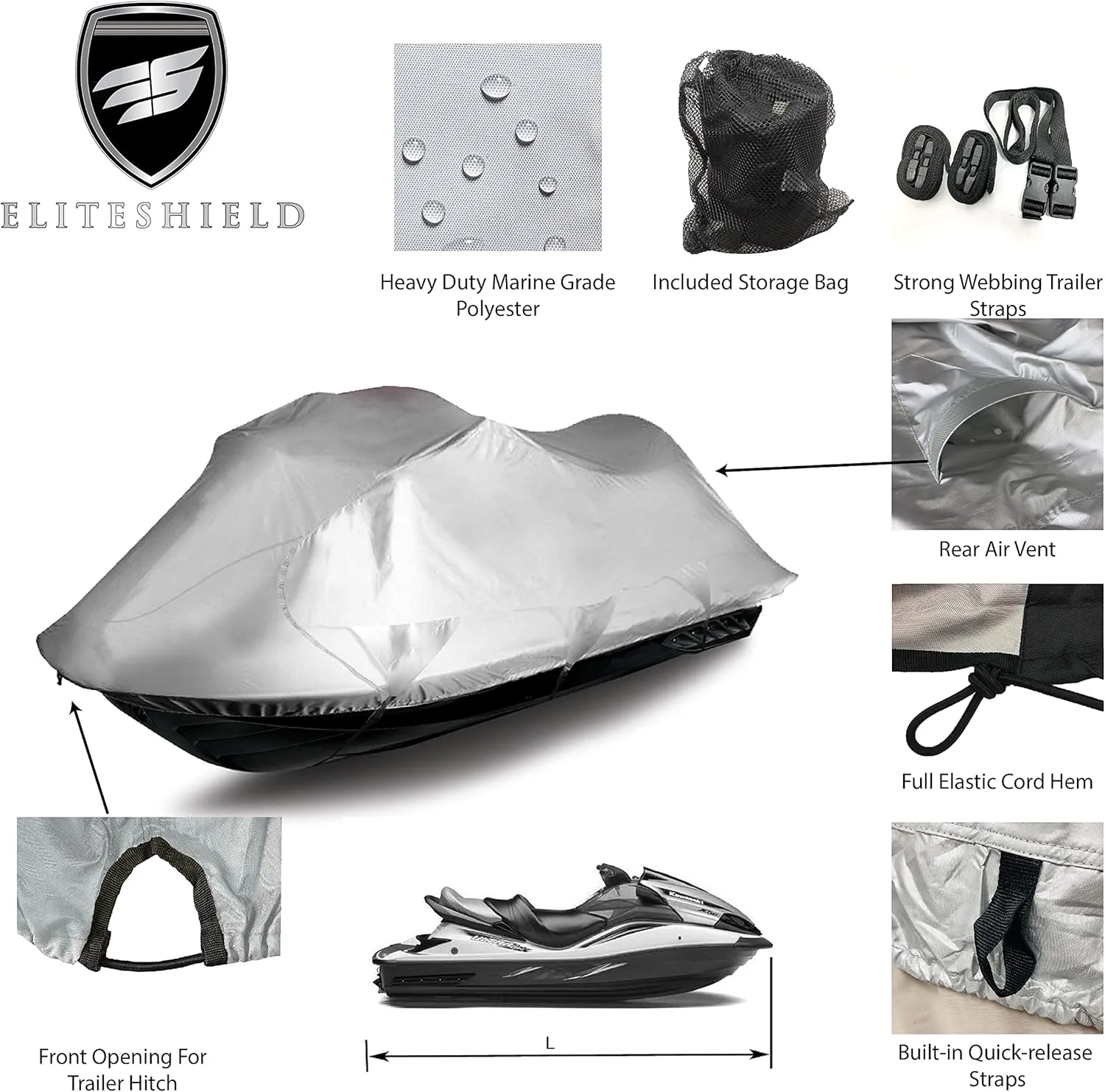 PWC Watercraft Jet Ski Storage Cover Silver Color Fits Stand-UP to 3 Seater Sea Doo Yamaha Wave Runner Kawasaki