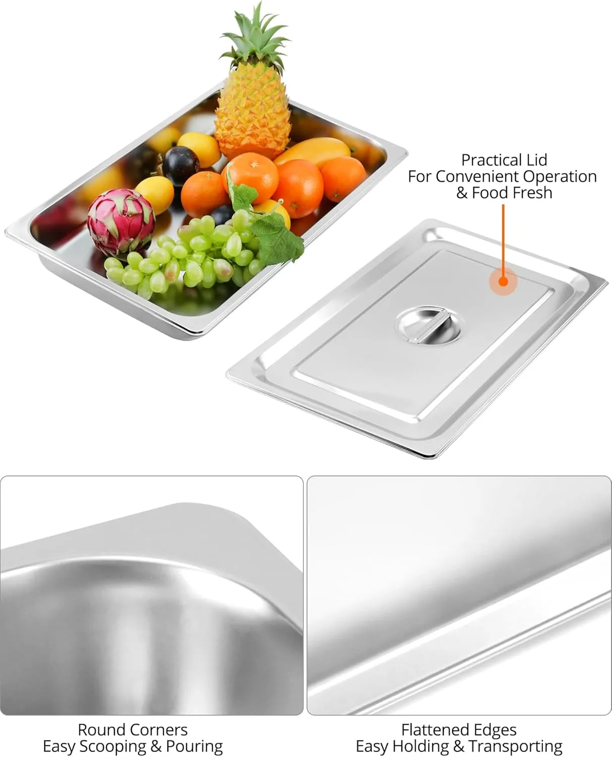 QWORK Stainless Steel Full Size 1/1 Chafing Dish Pan Set, 4 Pack 2.56" Deep 0.03" Thick 8.5L Heat-Resistant Pans with Lids, Steam Table Pans for Catering & Food Service