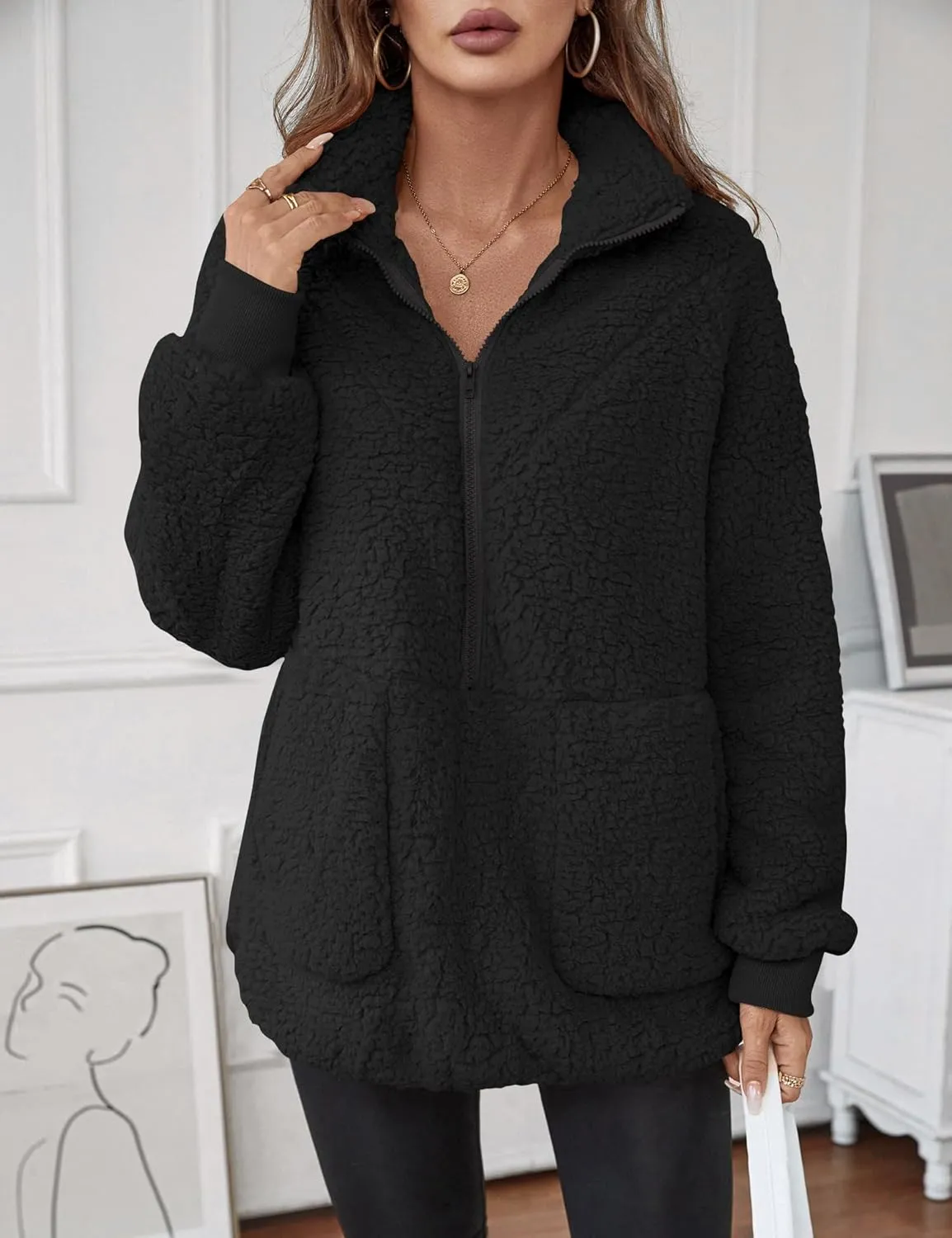 Rapbin Women Half Zip Pullover Long Sleeve Casual Fuzzy Sherpa Fleece Jacket Sweatshirts Winter Outerwear Top with Pockets