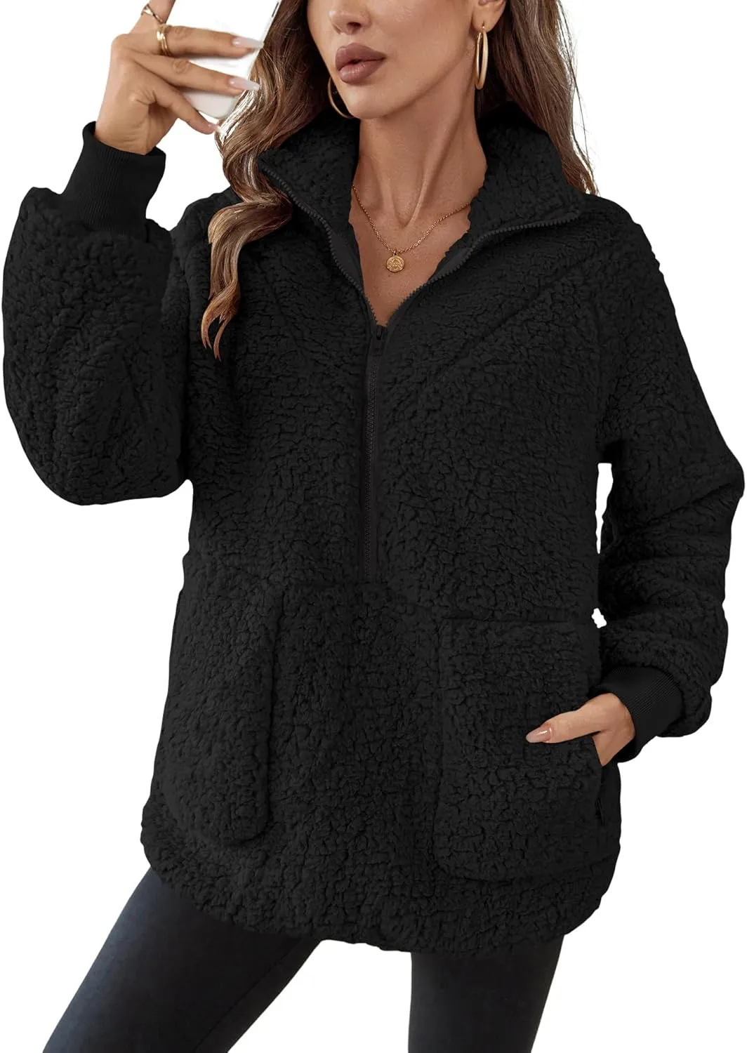 Rapbin Women Half Zip Pullover Long Sleeve Casual Fuzzy Sherpa Fleece Jacket Sweatshirts Winter Outerwear Top with Pockets