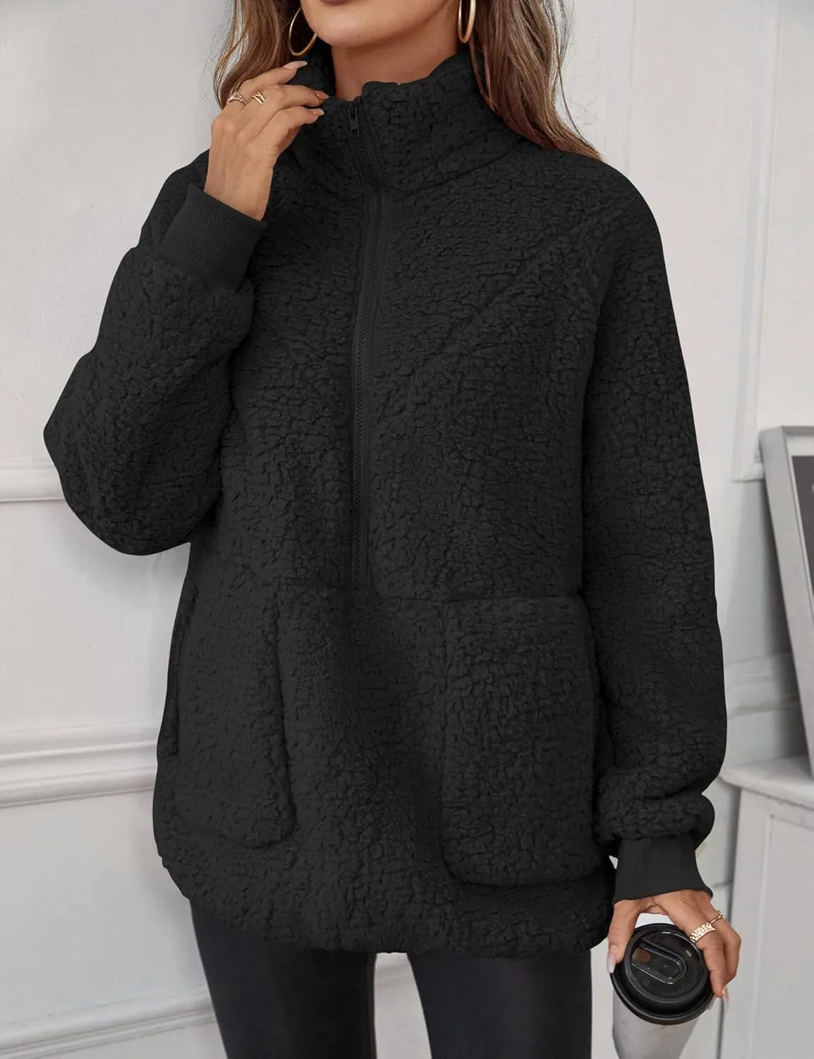 Rapbin Women Half Zip Pullover Long Sleeve Casual Fuzzy Sherpa Fleece Jacket Sweatshirts Winter Outerwear Top with Pockets