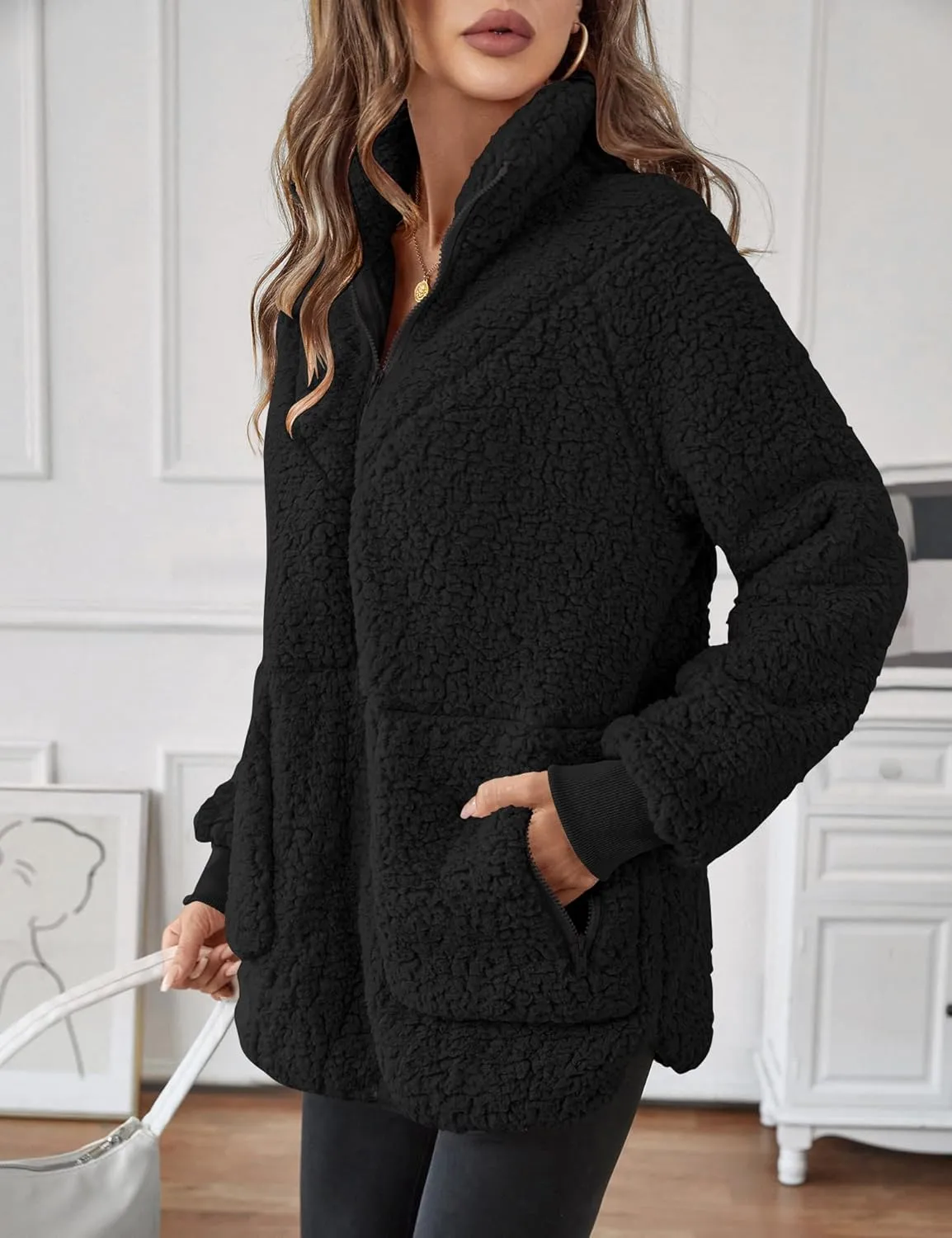 Rapbin Women Half Zip Pullover Long Sleeve Casual Fuzzy Sherpa Fleece Jacket Sweatshirts Winter Outerwear Top with Pockets