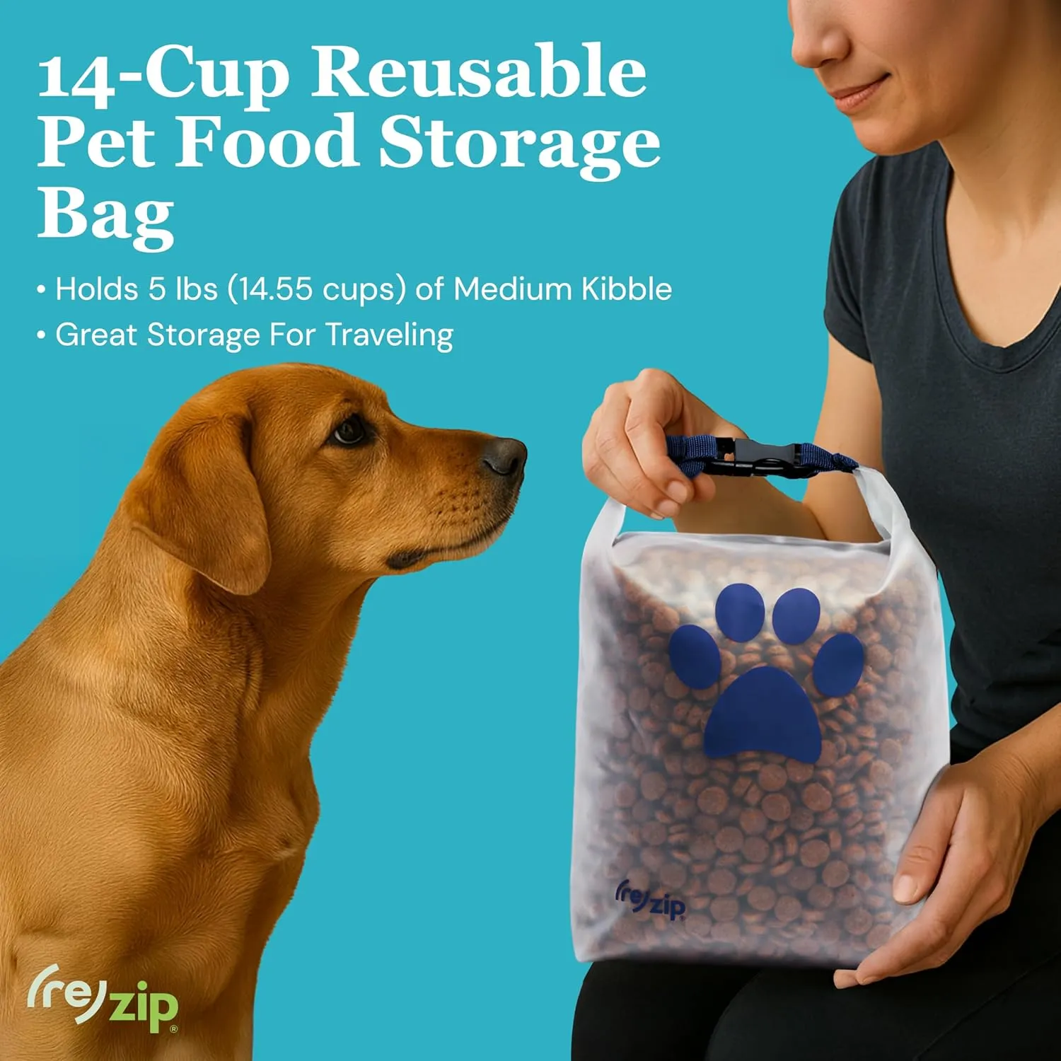(re) zip Roll Top Pet Food Storage Bag (14-Cup) | BPA-Free, Food Grade, Pet Safe, Travel-Friendly | Keeps Kibble Fresh for Camping, Dog Boarding, Weekend Getaways | Machine Washable | Cobalt Blue