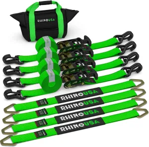 Rhino USA Car Tie Down Straps for Trailers with J Hooks (4-Pack) - 2 Inch x 8 Feet (10,000lb Break Strength) - Heavy Duty T-Handle Car Hauler Tire Straps for Trailer & UTV with Axle Straps - Green