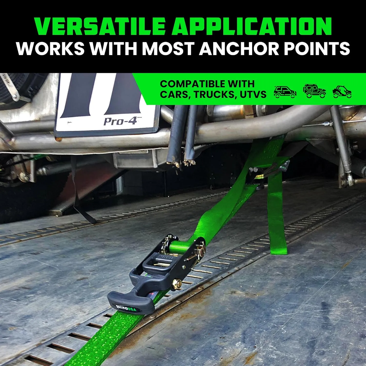 Rhino USA Car Tie Down Straps for Trailers with J Hooks (4-Pack) - 2 Inch x 8 Feet (10,000lb Break Strength) - Heavy Duty T-Handle Car Hauler Tire Straps for Trailer & UTV with Axle Straps - Green