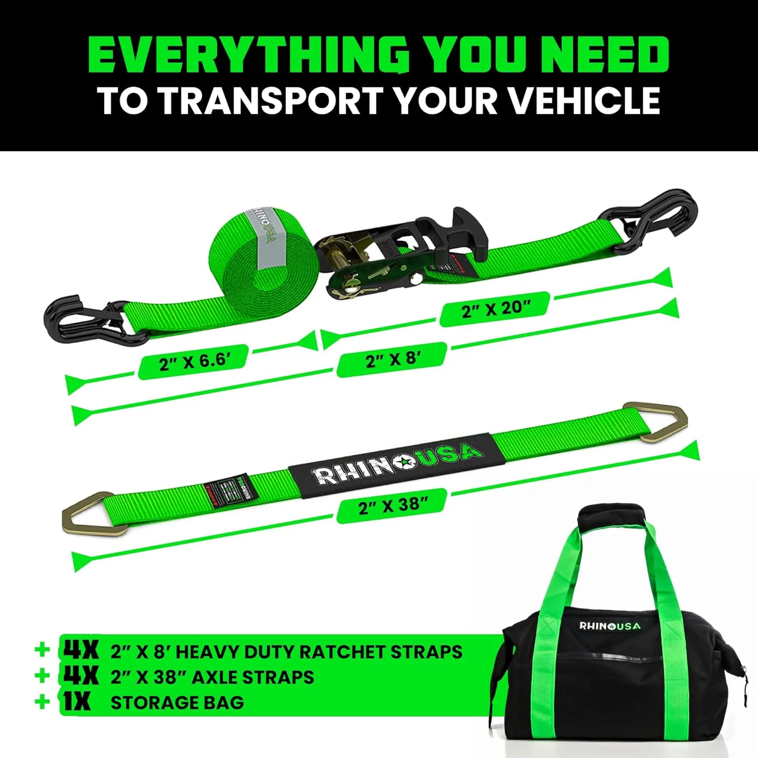 Rhino USA Car Tie Down Straps for Trailers with J Hooks (4-Pack) - 2 Inch x 8 Feet (10,000lb Break Strength) - Heavy Duty T-Handle Car Hauler Tire Straps for Trailer & UTV with Axle Straps - Green
