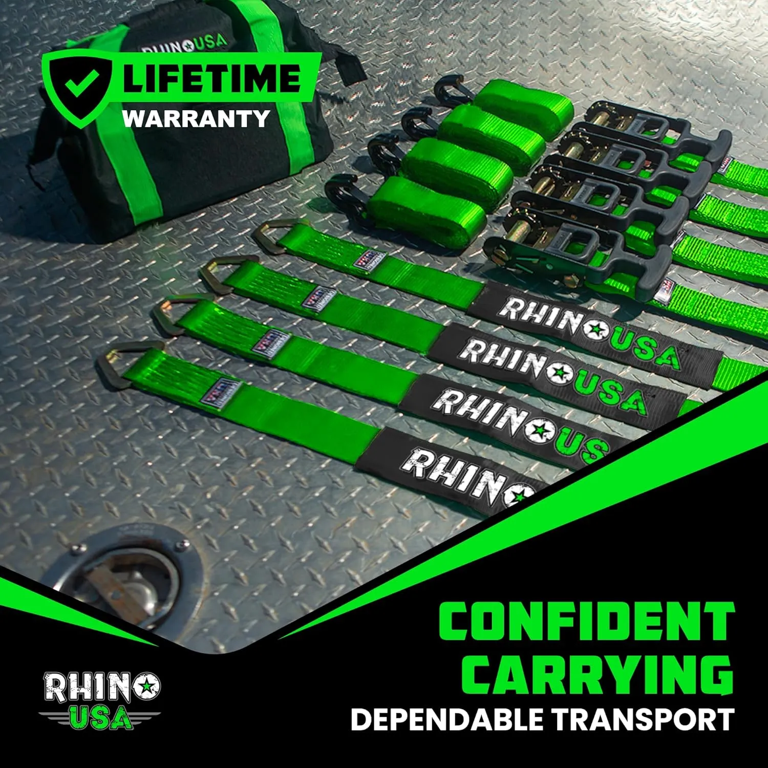 Rhino USA Car Tie Down Straps for Trailers with J Hooks (4-Pack) - 2 Inch x 8 Feet (10,000lb Break Strength) - Heavy Duty T-Handle Car Hauler Tire Straps for Trailer & UTV with Axle Straps - Green