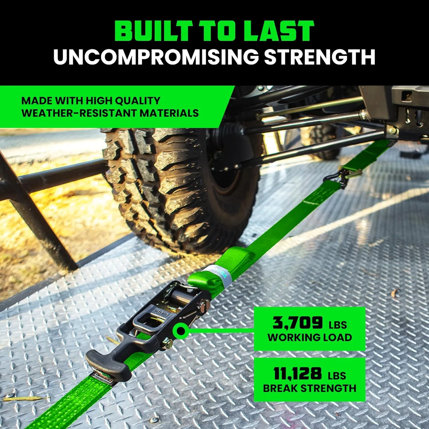 Rhino USA Car Tie Down Straps for Trailers with J Hooks (4-Pack) - 2 Inch x 8 Feet (10,000lb Break Strength) - Heavy Duty T-Handle Car Hauler Tire Straps for Trailer & UTV with Axle Straps - Green