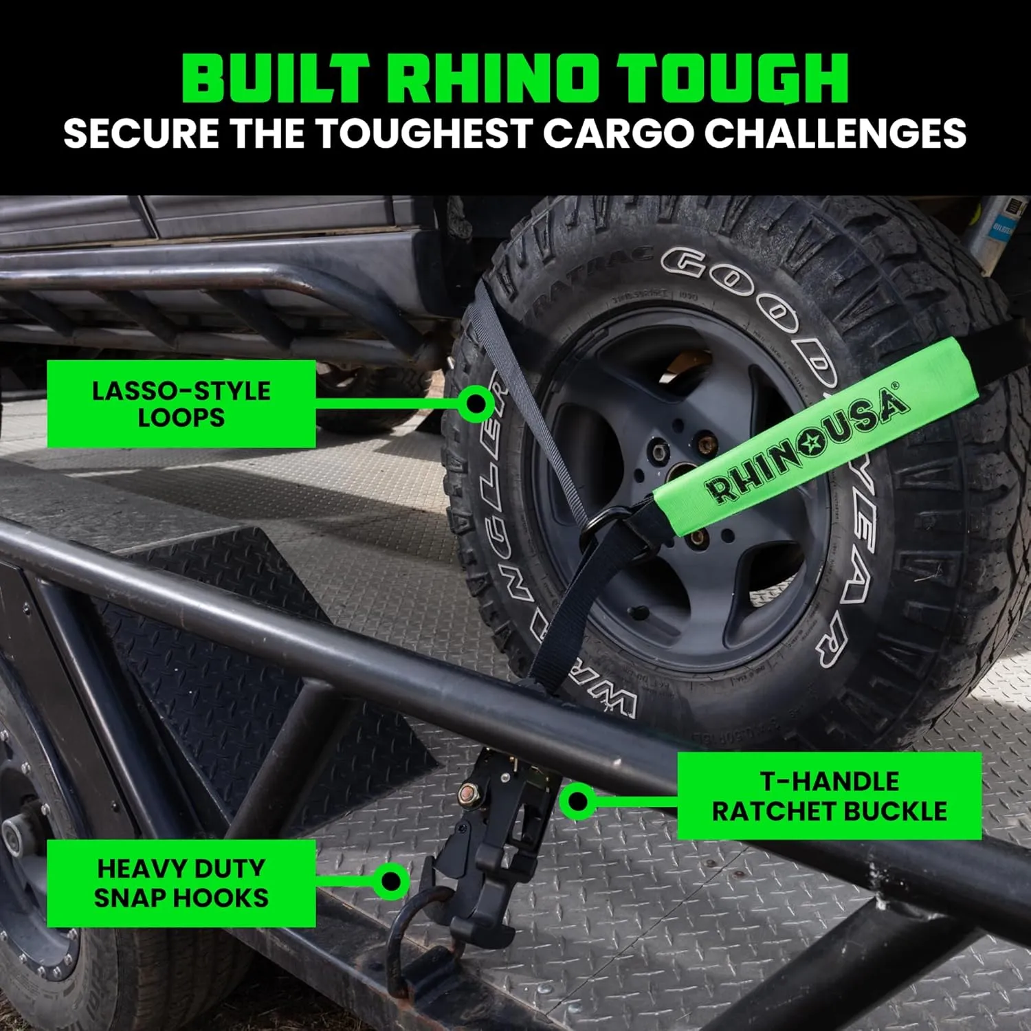 Rhino USA Car Tie Down Straps for Trailers with Snap Hooks (4-Pack) - 2 Inch x 8 Feet (10,000lb Break Strength) - Heavy Duty T-Handle Car Hauler Tire Straps for Trailer & UTV with Lasso Straps - Black