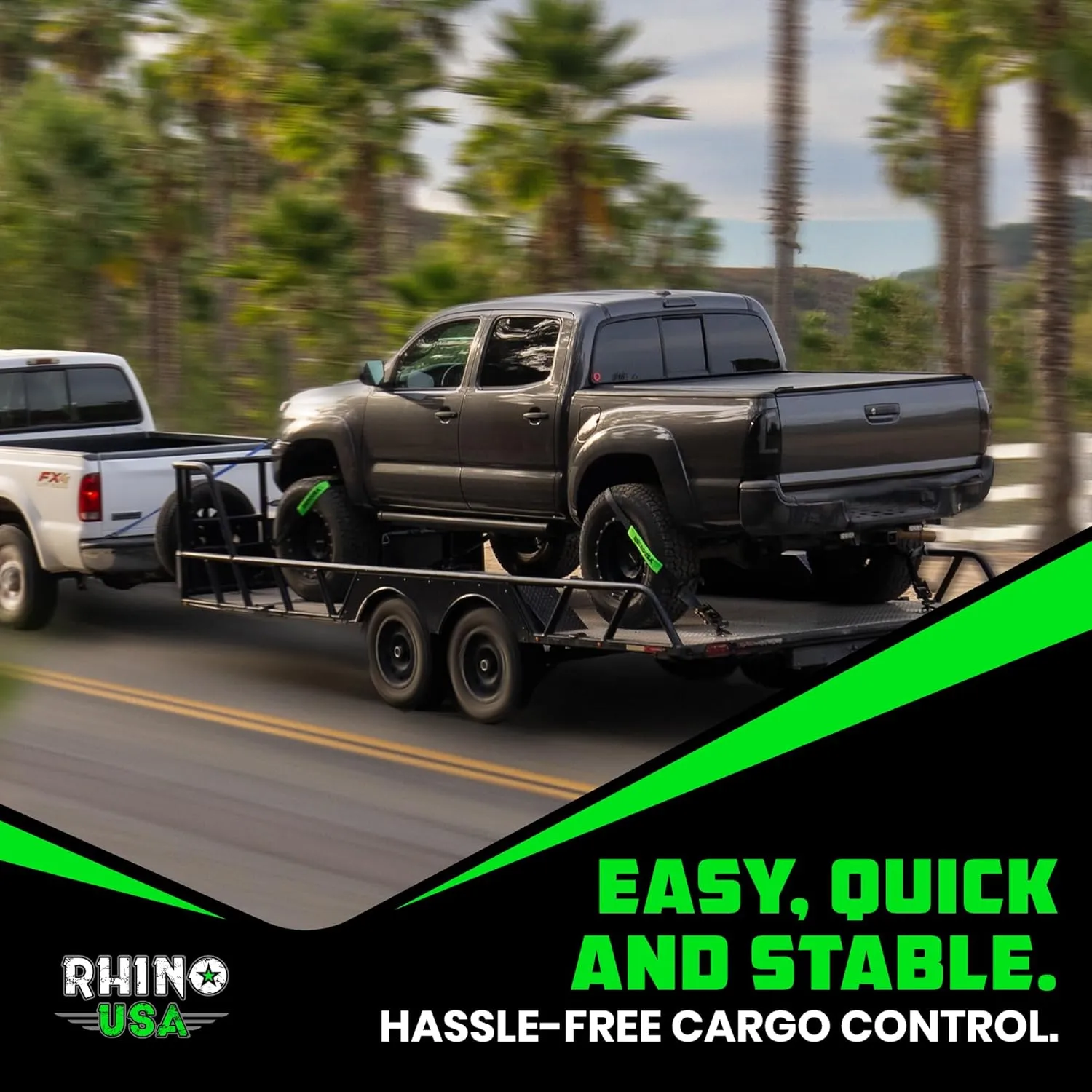 Rhino USA Car Tie Down Straps for Trailers with Snap Hooks (4-Pack) - 2 Inch x 8 Feet (10,000lb Break Strength) - Heavy Duty T-Handle Car Hauler Tire Straps for Trailer & UTV with Lasso Straps - Black