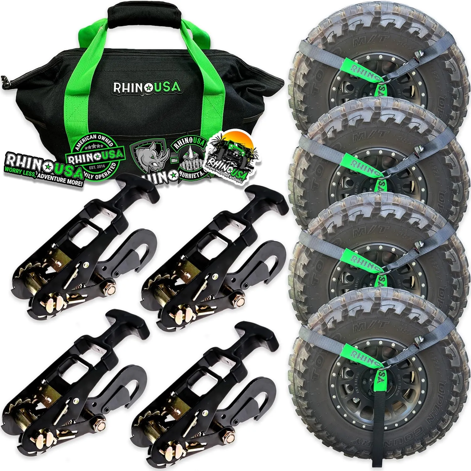 Rhino USA Car Tie Down Straps for Trailers with Snap Hooks (4-Pack) - 2 Inch x 8 Feet (10,000lb Break Strength) - Heavy Duty T-Handle Car Hauler Tire Straps for Trailer & UTV with Lasso Straps - Black