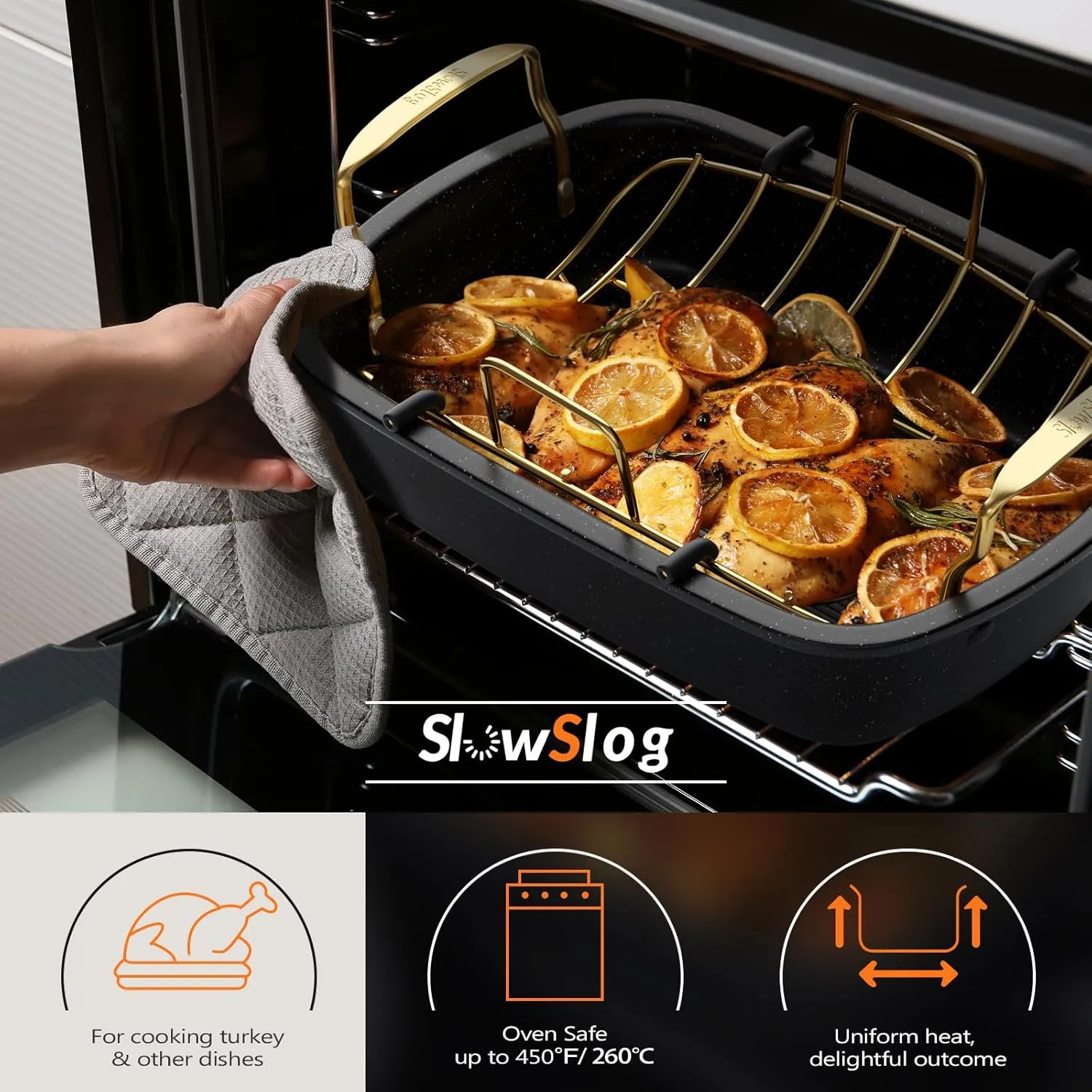 Roasting Pan, 17 Inch x 13 Inch Roaster with Removable Rack, Nonstick Roaster Pan for Roasting Turkey, Meat & Vegetables (Gold)